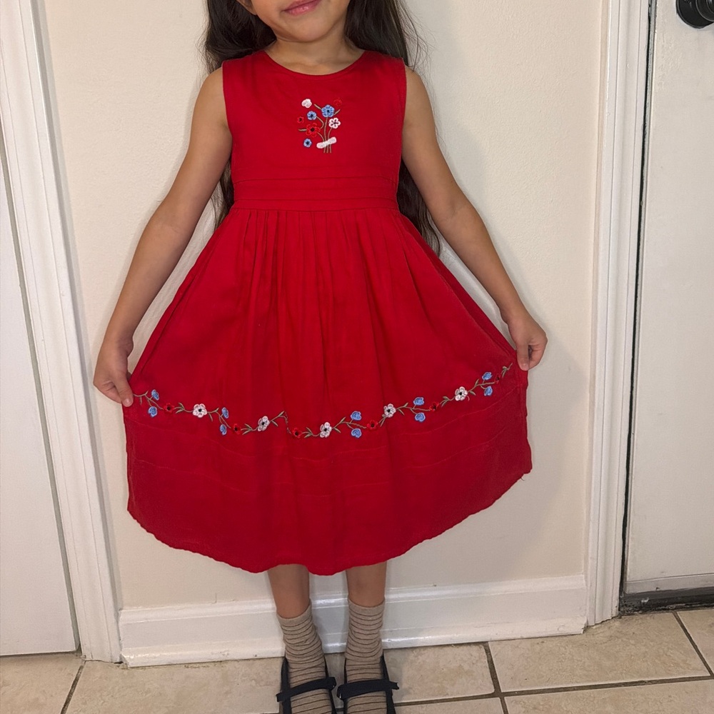 PINK one Red Dress with Blue Floral Accents